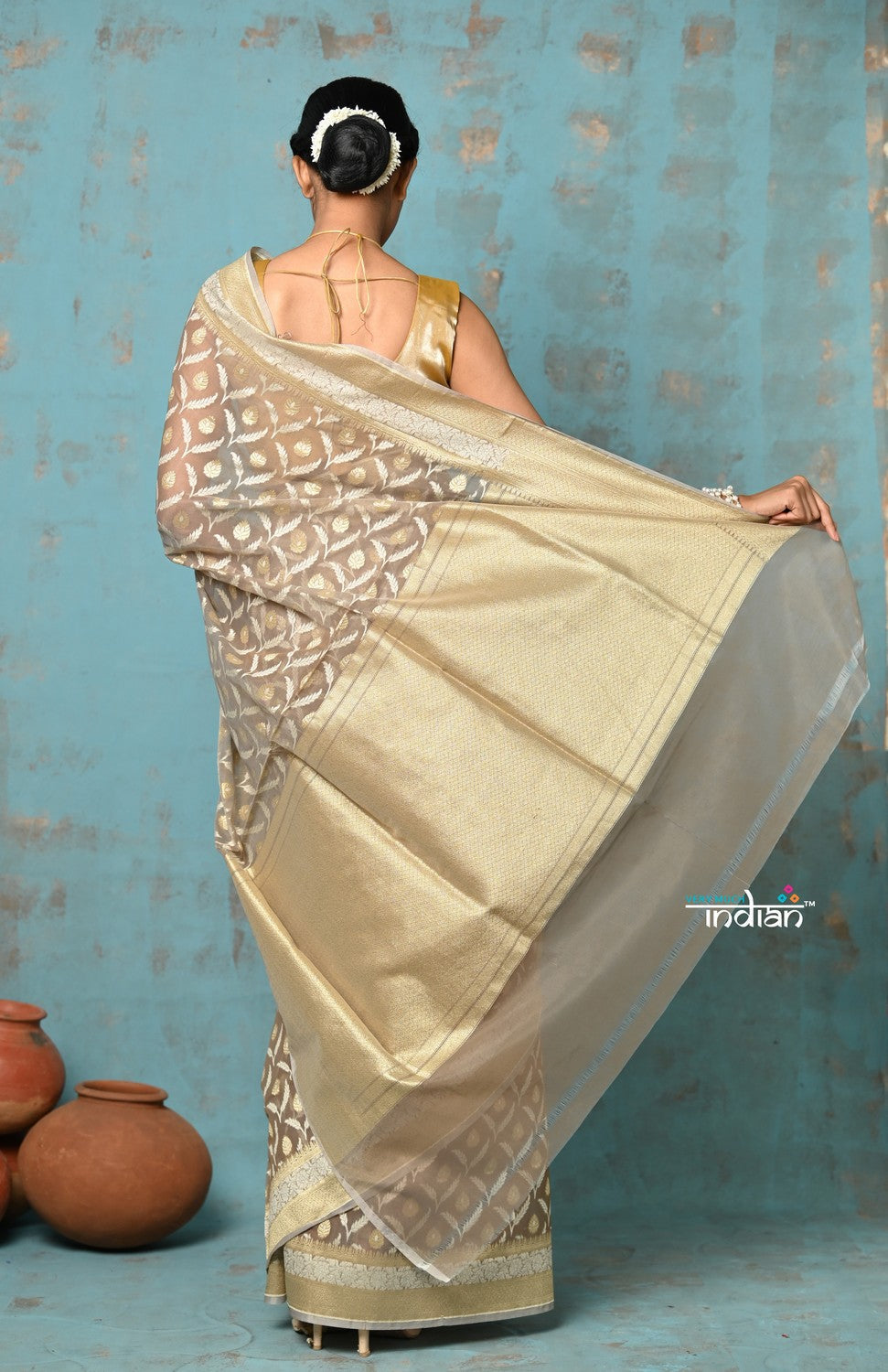 Very Much Indian Tejaswi - Exclusive High Quality Handloom Banarasi Cotton Saree with Beautiful Abstract Print- Warm Slate