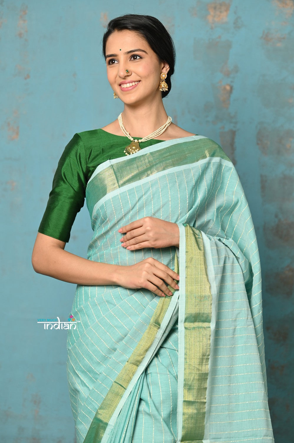 Very Much Indian Tyohaar - Handloom Pure Cotton Paithani With Revival Asawali Pallu - Sea Blue