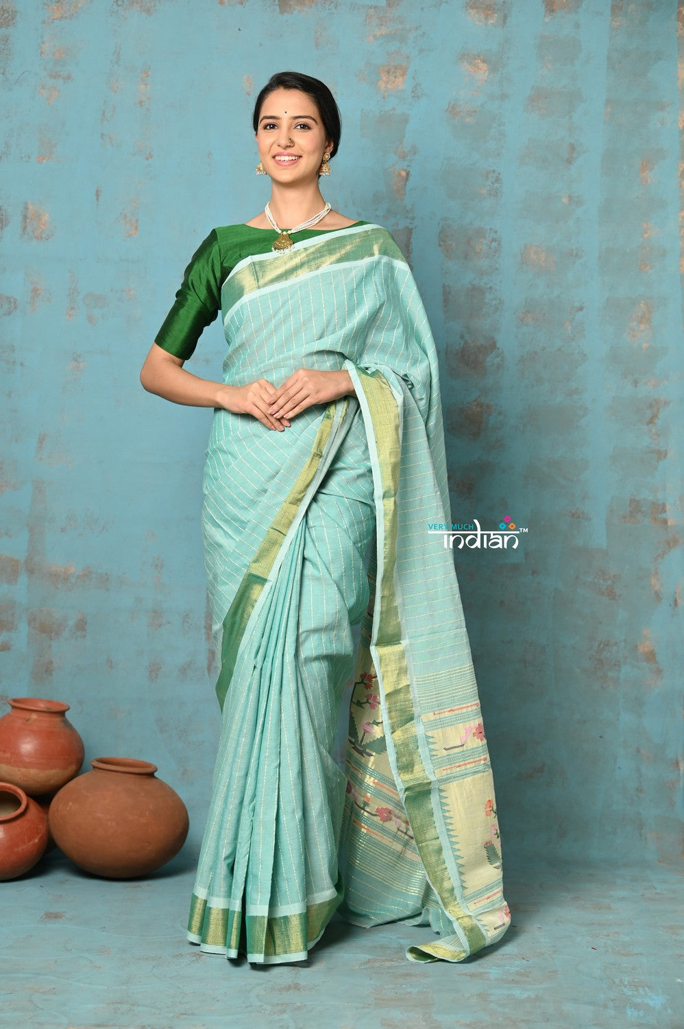 Very Much Indian Tyohaar - Handloom Pure Cotton Paithani With Revival Asawali Pallu - Sea Blue