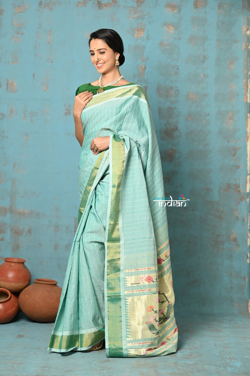 Very Much Indian Tyohaar - Handloom Pure Cotton Paithani With Revival Asawali Pallu - Sea Blue