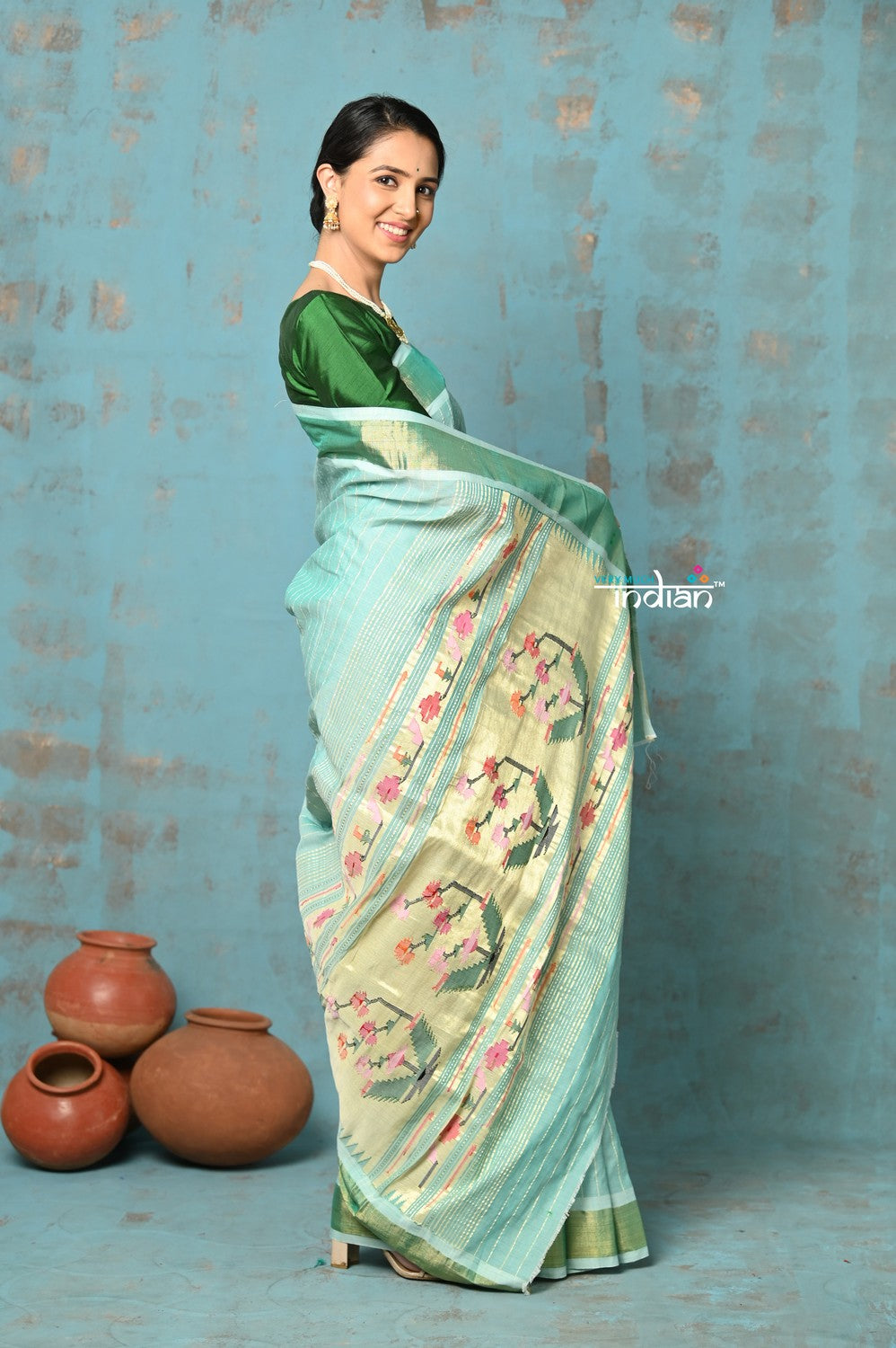 Very Much Indian Tyohaar - Handloom Pure Cotton Paithani With Revival Asawali Pallu - Sea Blue