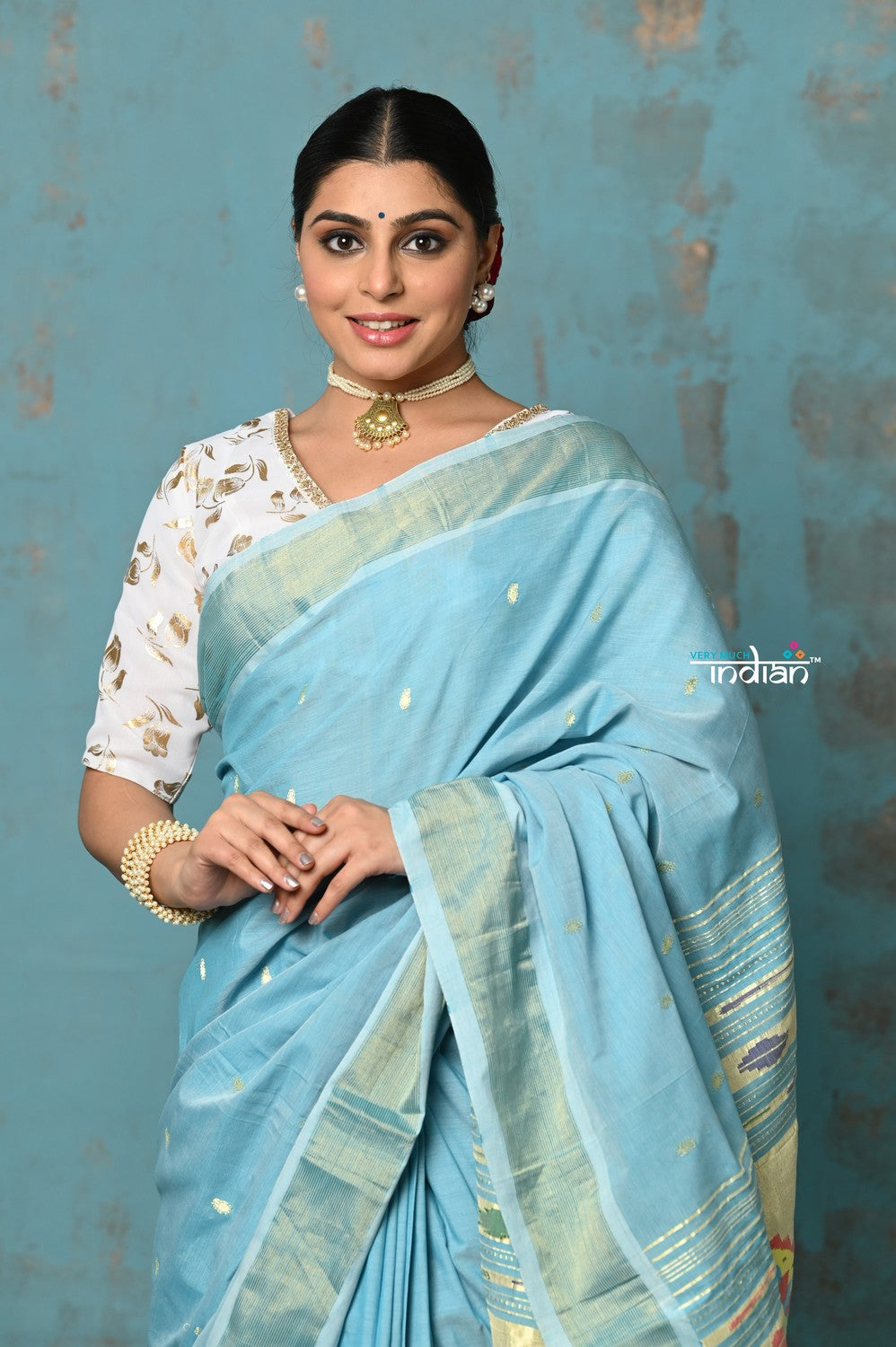 Very Much Indian Tyohaar - Handloom Pure Cotton Paithani With Lotus Pallu - Sky Blue