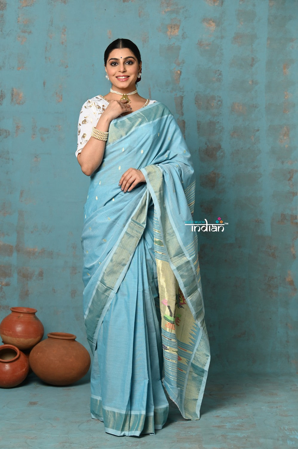 Very Much Indian Tyohaar - Handloom Pure Cotton Paithani With Lotus Pallu - Sky Blue