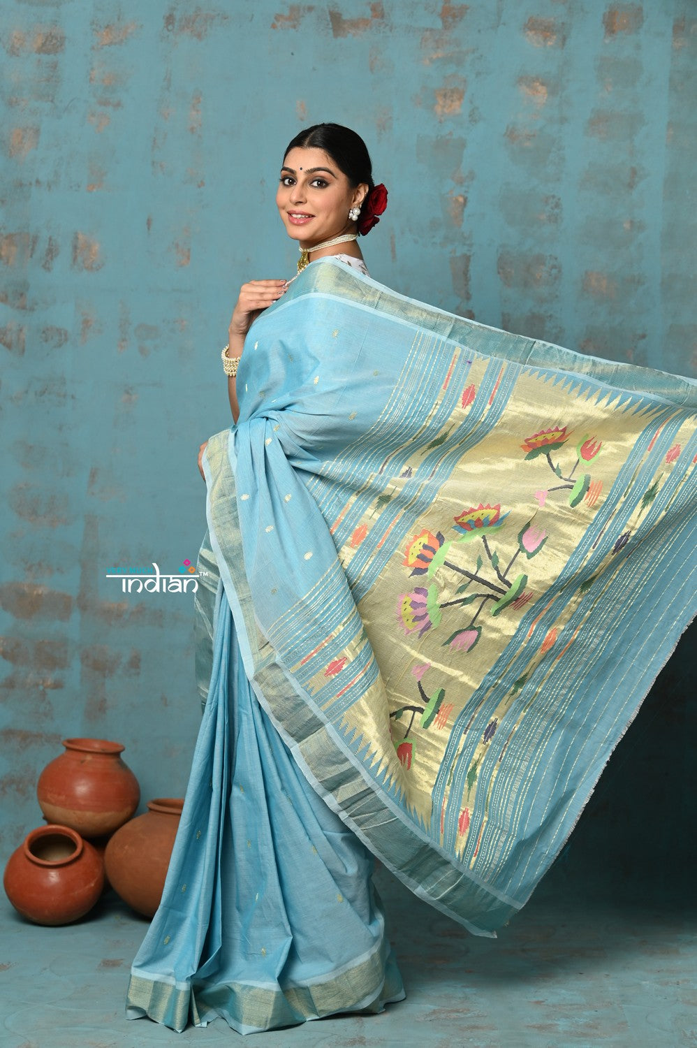 Very Much Indian Tyohaar - Handloom Pure Cotton Paithani With Lotus Pallu - Sky Blue
