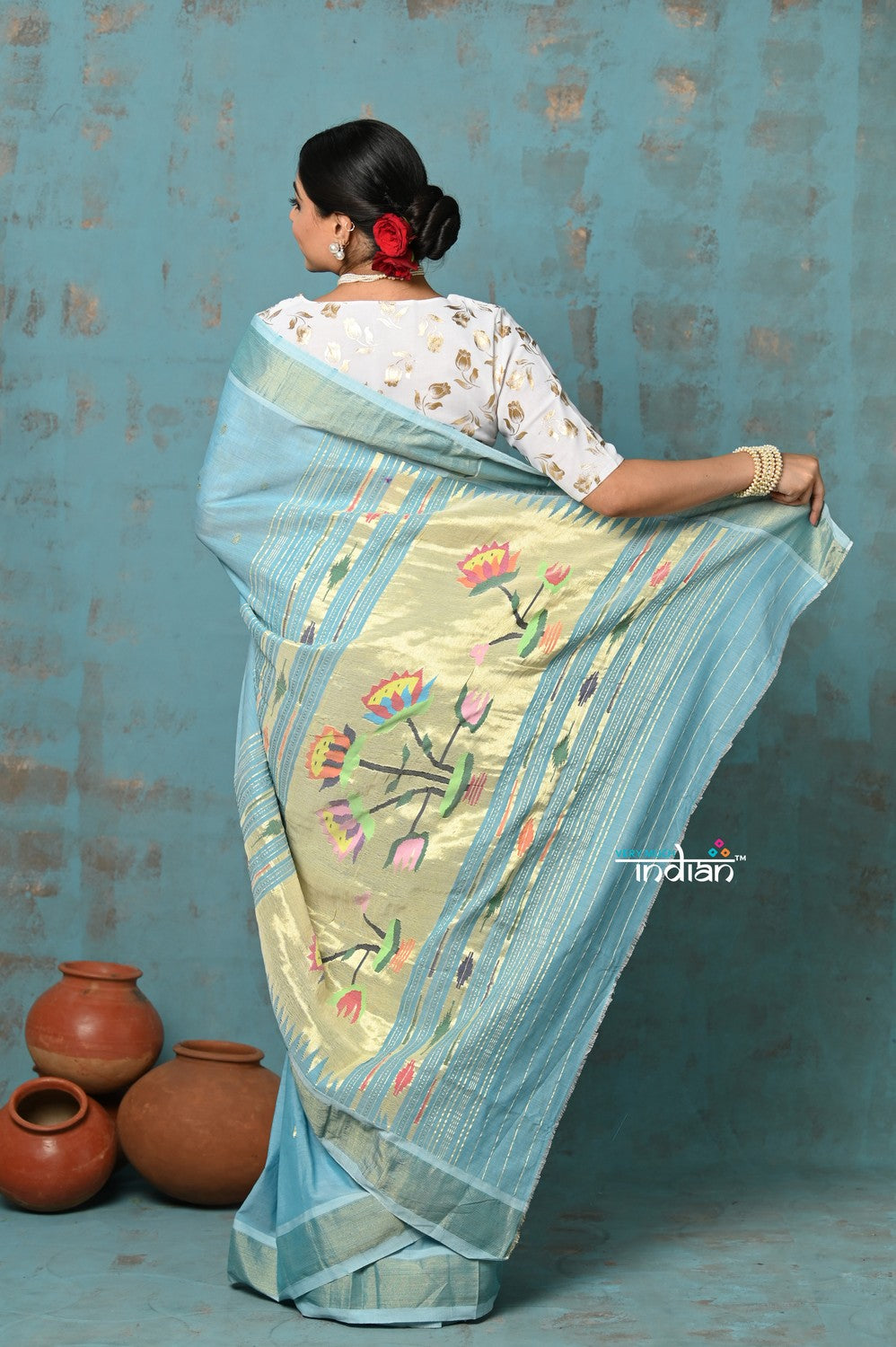 Very Much Indian Tyohaar - Handloom Pure Cotton Paithani With Lotus Pallu - Sky Blue