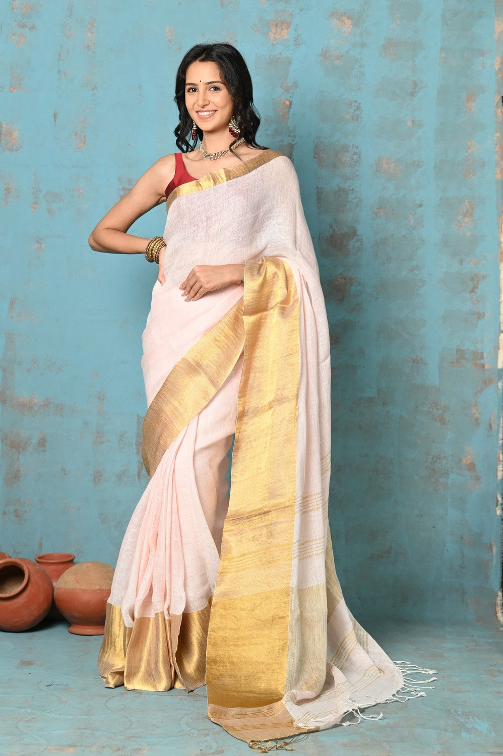 Very Much Indian Tyohaar - Handloom Pure Organic Linen Saree With Golden Border - Baby Pink (High Quality Linen)