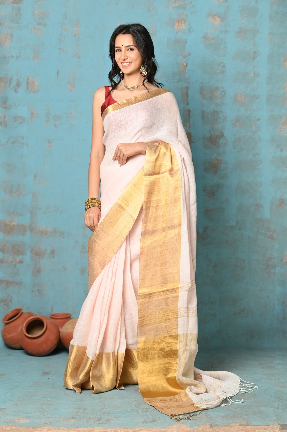 Very Much Indian Tyohaar - Handloom Pure Organic Linen Saree With Golden Border - Baby Pink (High Quality Linen)