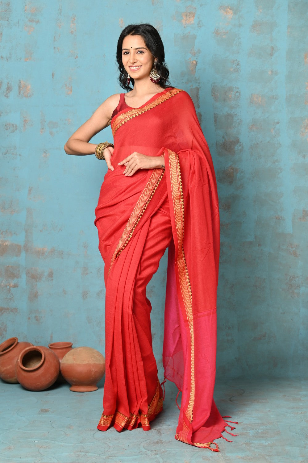 Very Much Indian Tyohaar - Pure Mul Cotton Handloom Saree - Red