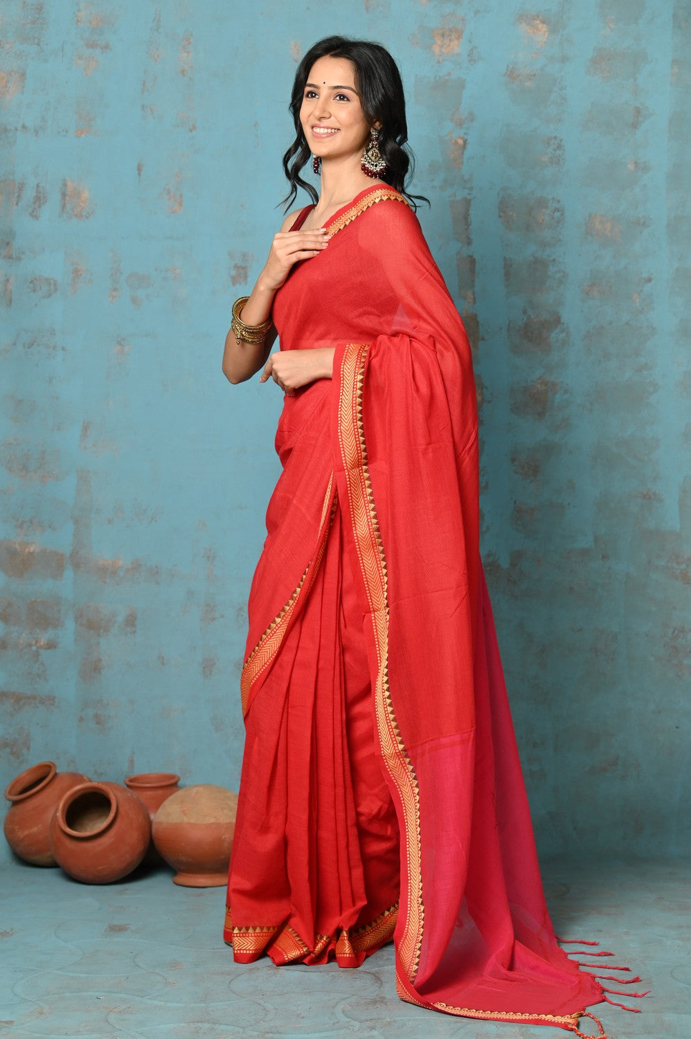 Very Much Indian Tyohaar - Pure Mul Cotton Handloom Saree - Red