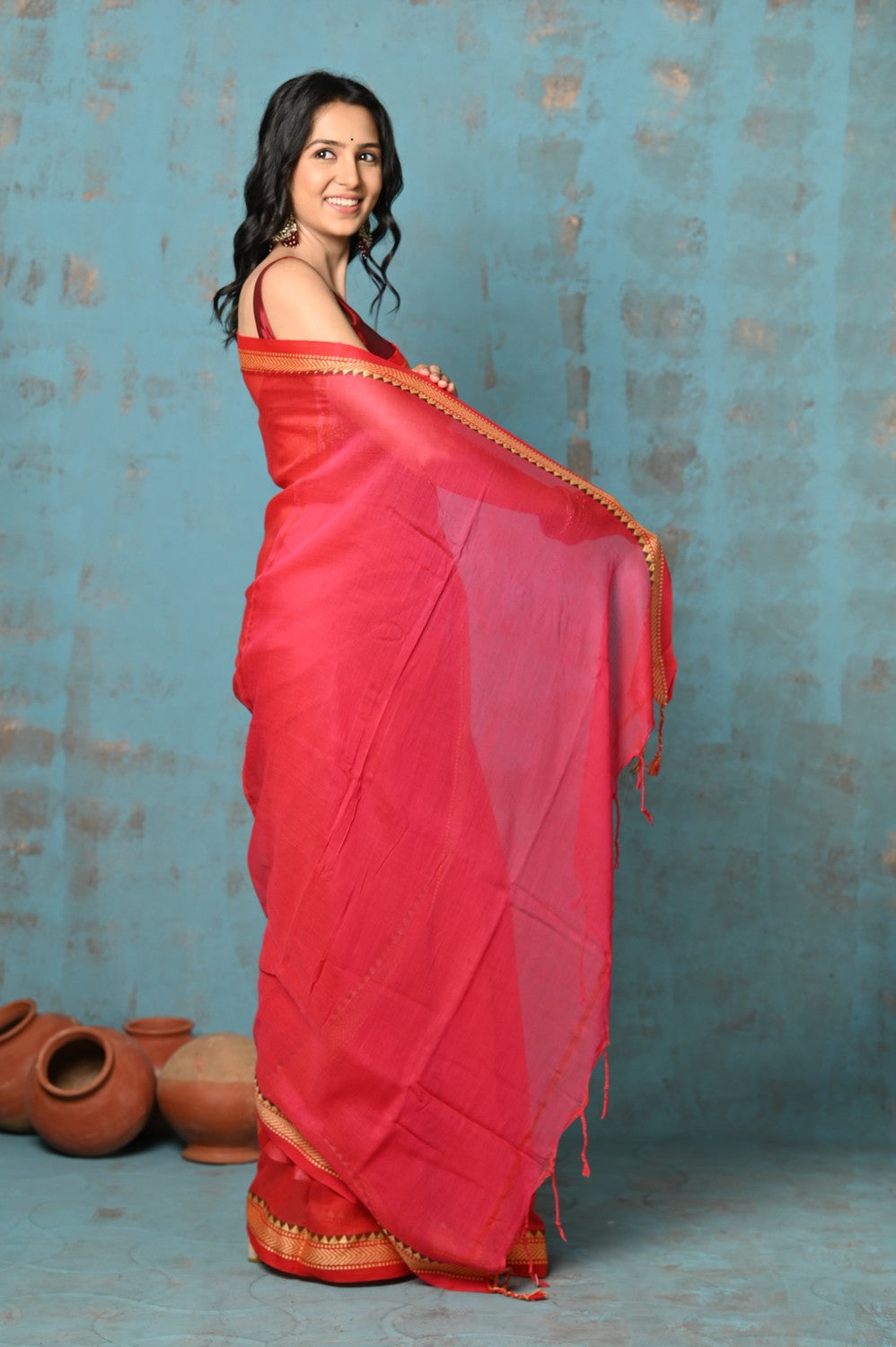 Very Much Indian Tyohaar - Pure Mul Cotton Handloom Saree - Red
