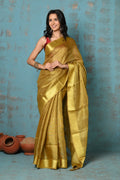 Very Much Indian Tyohaar - Pure Handwoven Organic Tissue Linen Saree - Shimmery Gold