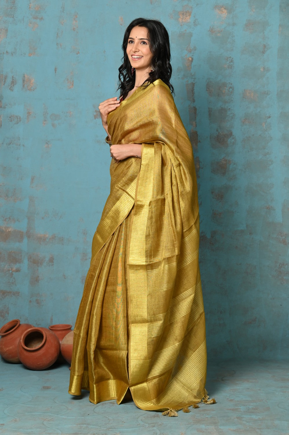 Very Much Indian Tyohaar - Pure Handwoven Organic Tissue Linen Saree - Shimmery Gold