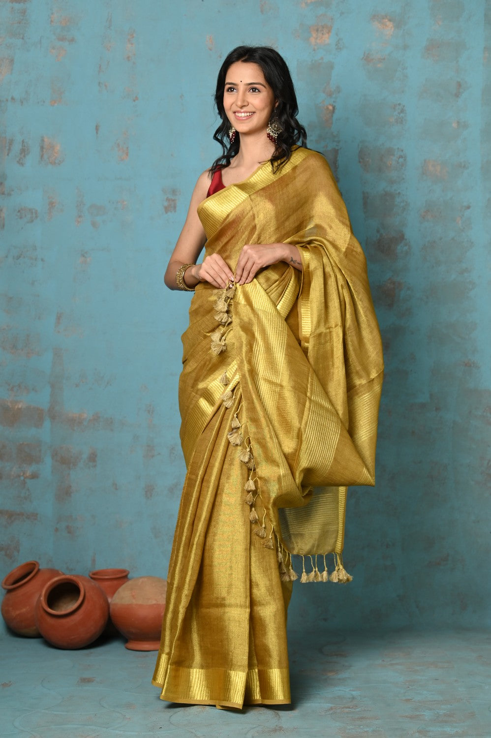 Very Much Indian Tyohaar - Pure Handwoven Organic Tissue Linen Saree - Shimmery Gold