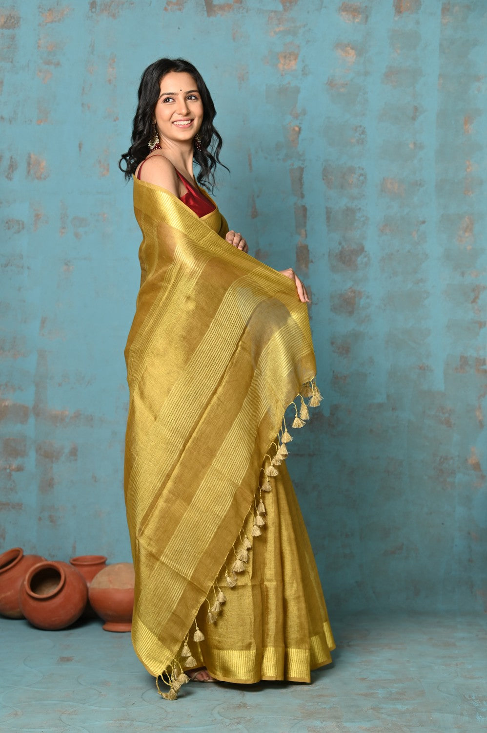 Very Much Indian Tyohaar - Pure Handwoven Organic Tissue Linen Saree - Shimmery Gold