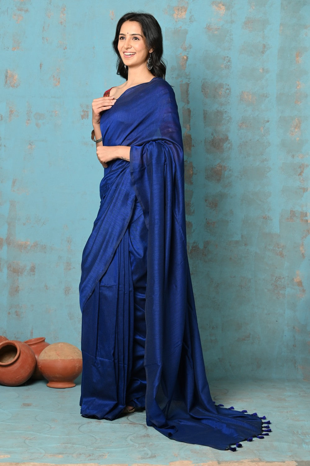 Very Much Indian Tyohaar - Mul Cotton Handloom Woven Saree - Navy Blue
