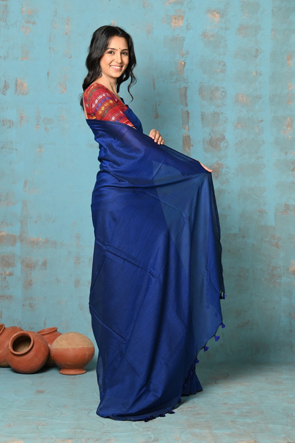 Very Much Indian Tyohaar - Mul Cotton Handloom Woven Saree - Navy Blue