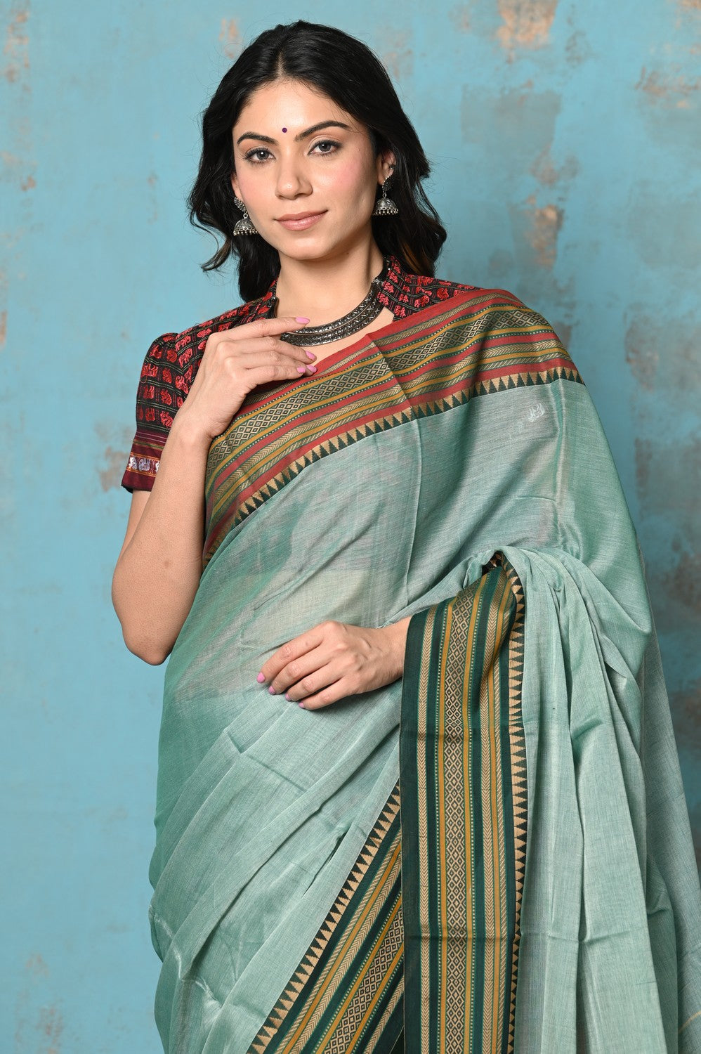 Very Much Indian Tyohaar - Cotton Saree With Ganga Jamuna Border - Sea Green