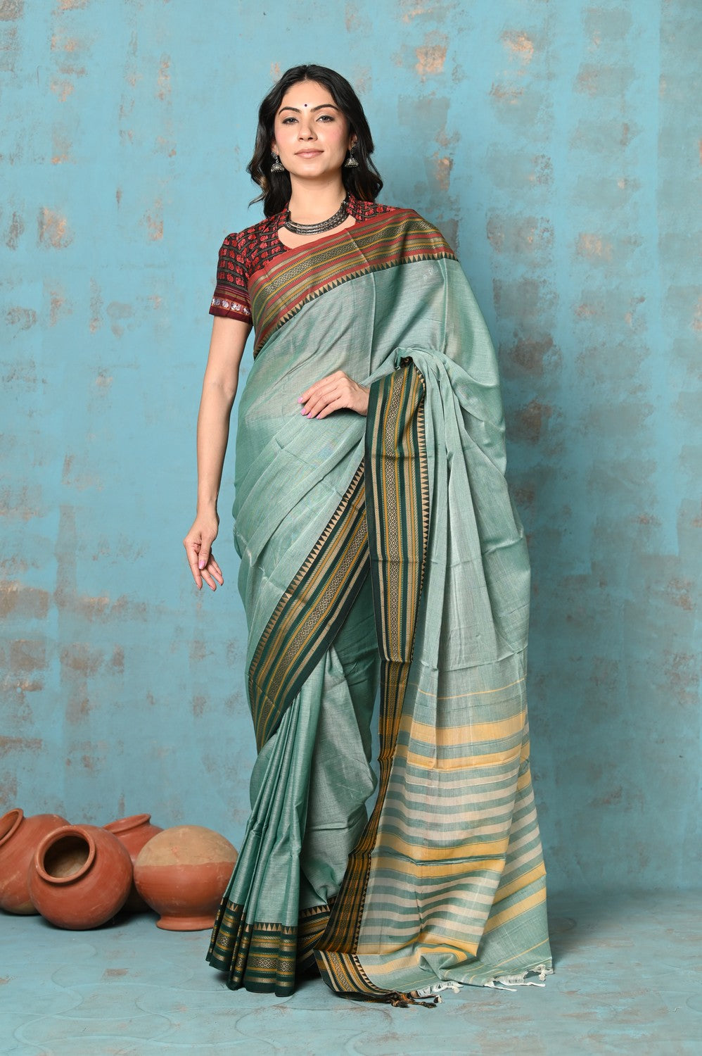 Very Much Indian Tyohaar - Cotton Saree With Ganga Jamuna Border - Sea Green