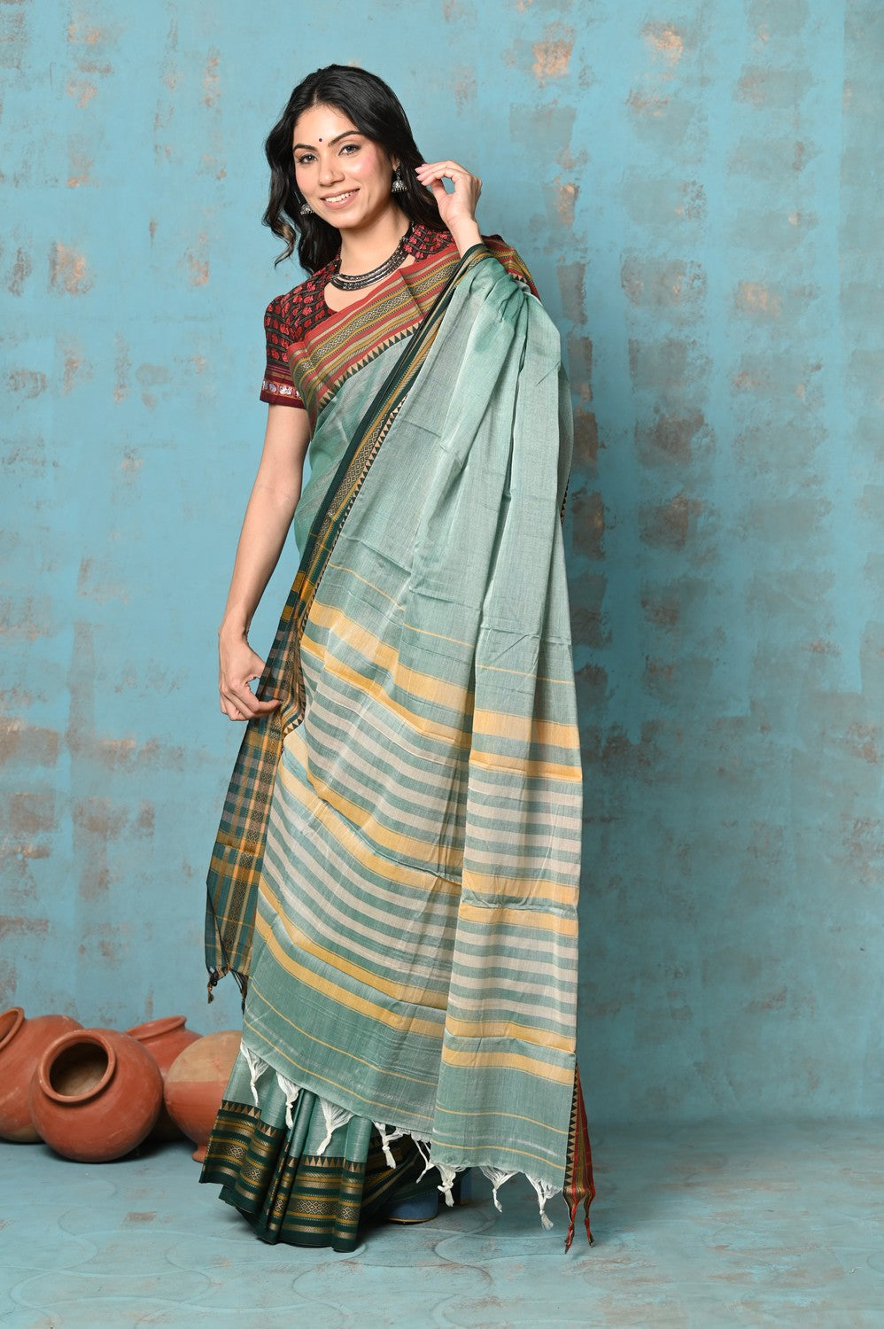 Very Much Indian Tyohaar - Cotton Saree With Ganga Jamuna Border - Sea Green