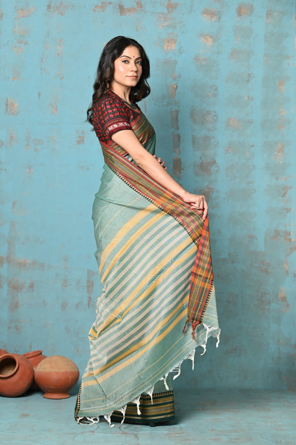Very Much Indian Tyohaar - Cotton Saree With Ganga Jamuna Border - Sea Green