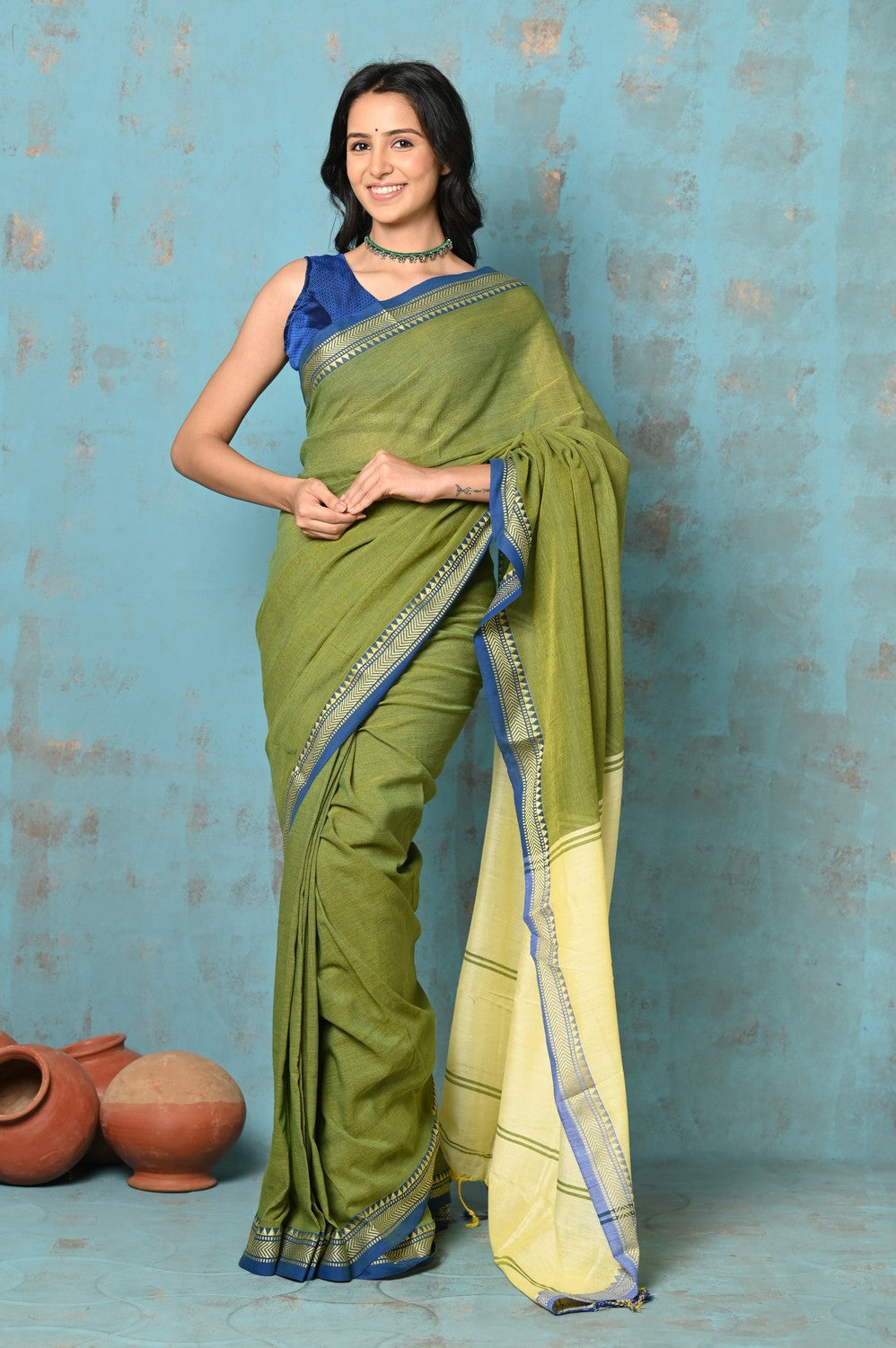 Very Much Indian Tyohaar - Pure Mul Cotton Handloom Saree - Mehendi Green