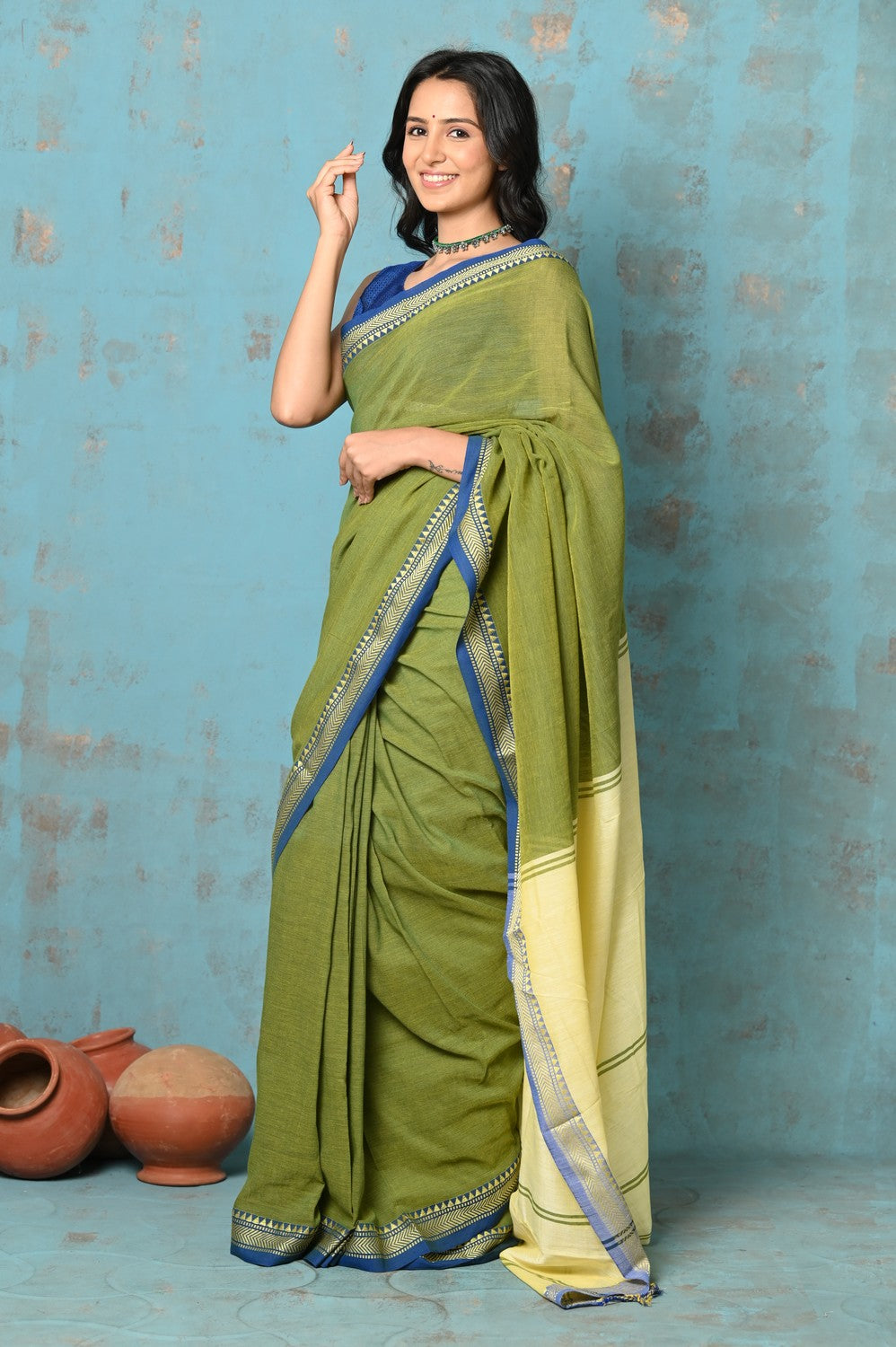 Very Much Indian Tyohaar - Pure Mul Cotton Handloom Saree - Mehendi Green