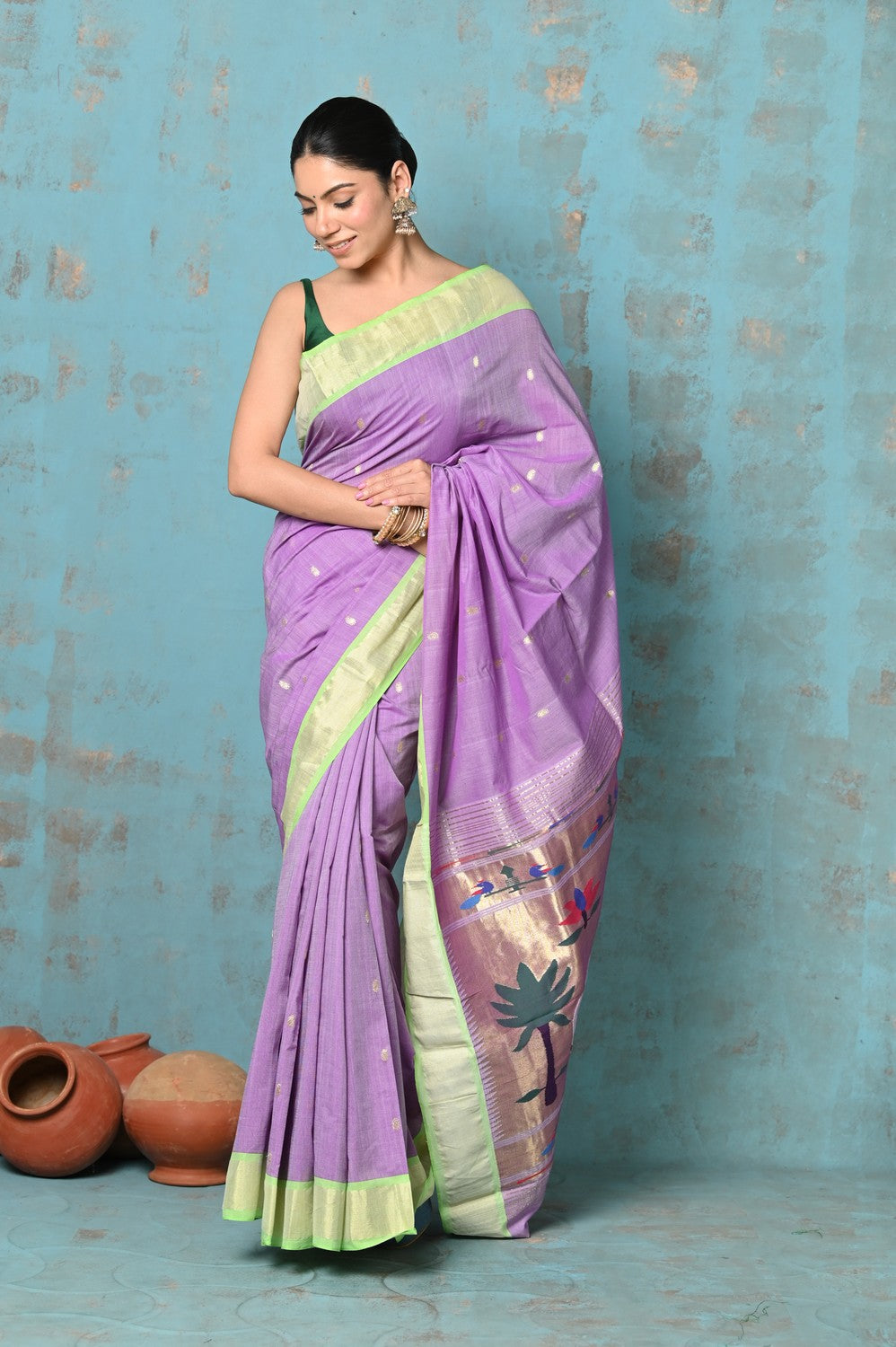 Very Much Indian Tyohaar - Exclusive! Handloom Pure Cotton Paithani in Most Traditional Lilac with Pichwai Pallu