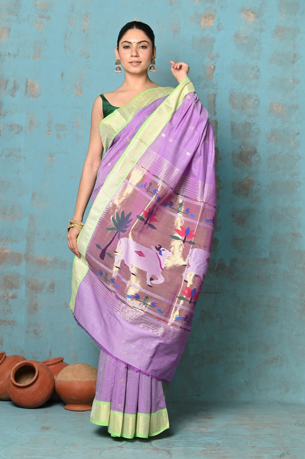 Very Much Indian Tyohaar - Exclusive! Handloom Pure Cotton Paithani in Most Traditional Lilac with Pichwai Pallu