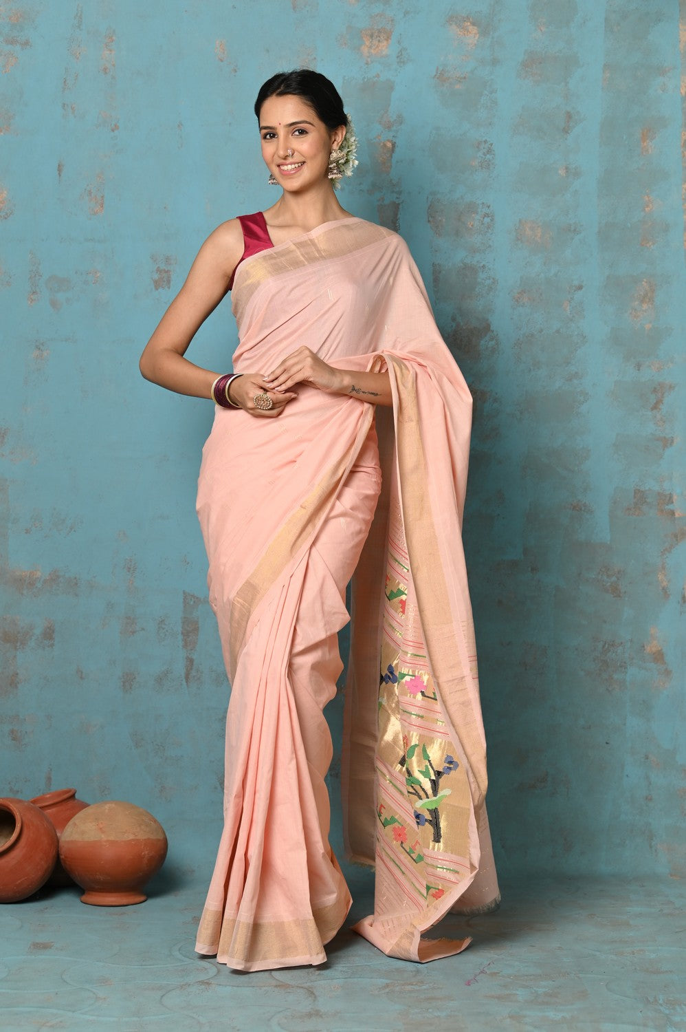 Very Much Indian Tyohaar - Handloom Pure Cotton Paithani With Lotus Pallu - Peach