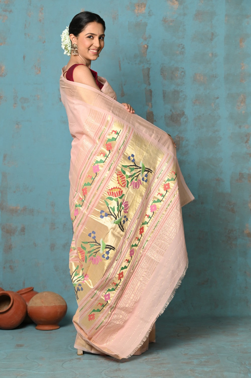 Very Much Indian Tyohaar - Handloom Pure Cotton Paithani With Lotus Pallu - Peach