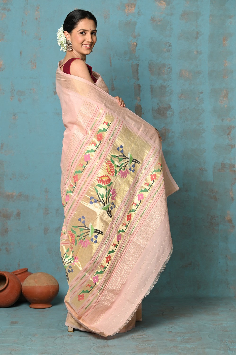 Very Much Indian Tyohaar - Handloom Pure Cotton Paithani With Lotus Pallu - Peach