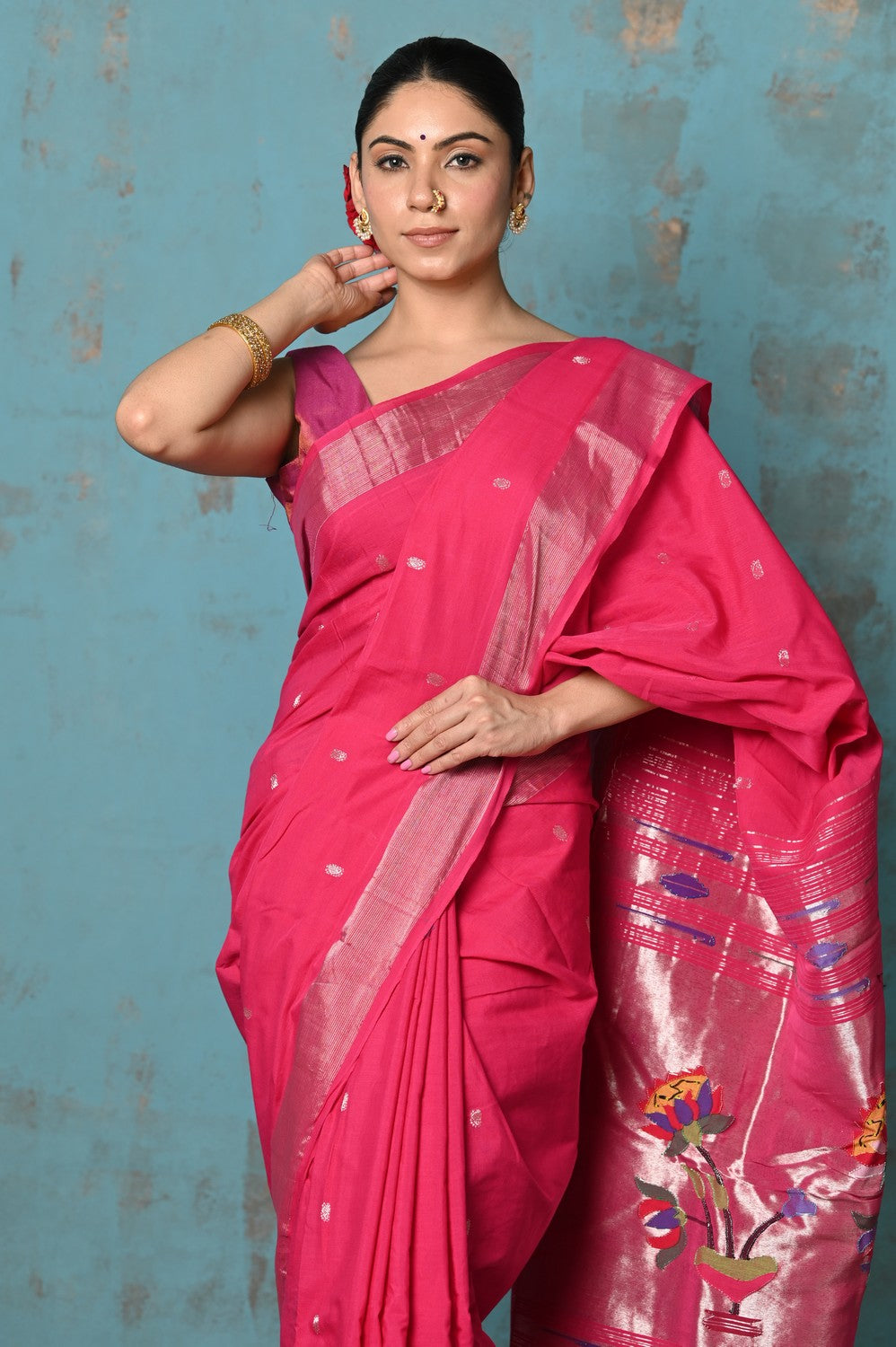 Very Much Indian Tyohaar - Handloom Pure Cotton Paithani With Lotus Pallu - Blush Pink