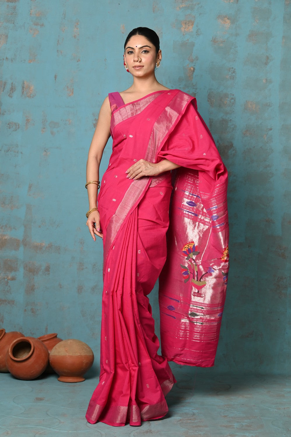 Very Much Indian Tyohaar - Handloom Pure Cotton Paithani With Lotus Pallu - Blush Pink