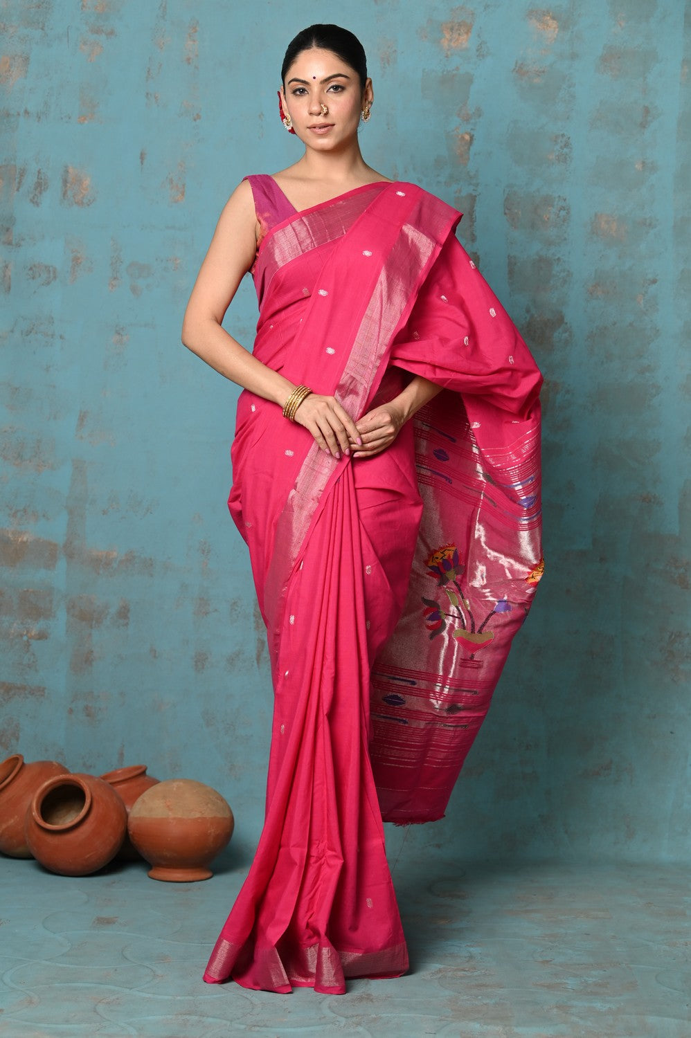 Very Much Indian Tyohaar - Handloom Pure Cotton Paithani With Lotus Pallu - Blush Pink