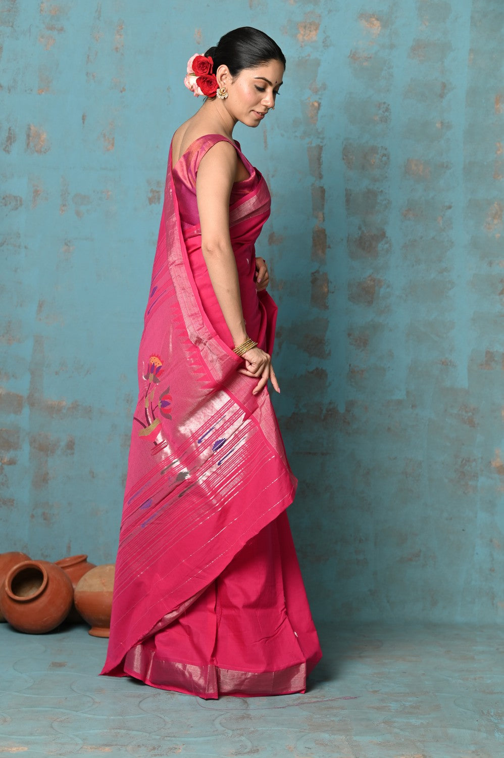 Very Much Indian Tyohaar - Handloom Pure Cotton Paithani With Lotus Pallu - Blush Pink