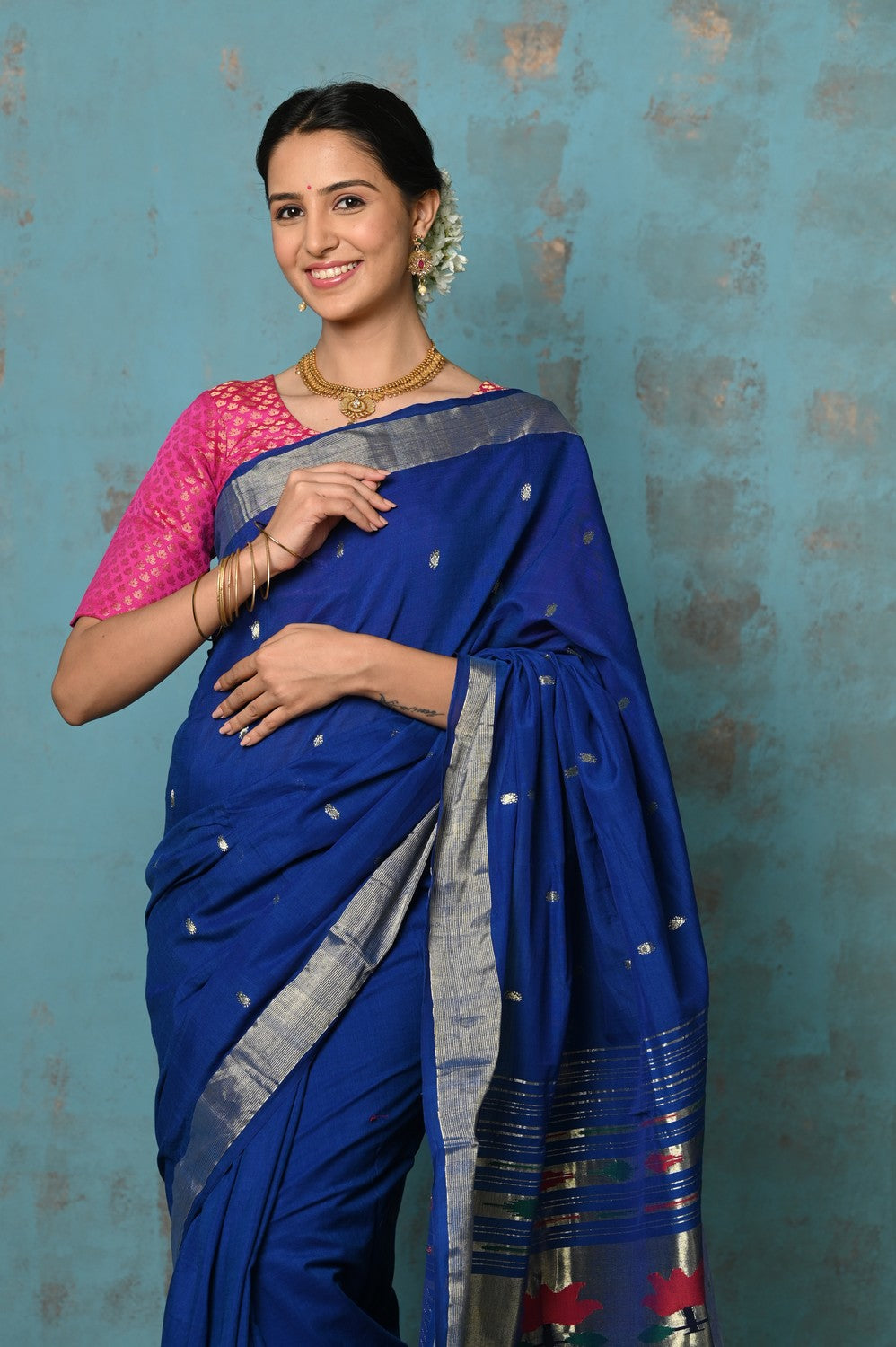 Very Much Indian Tyohaar - Exclusive! Handloom Pure Cotton Paithani in Most Traditional Royal Blue with Pichwai Pallu