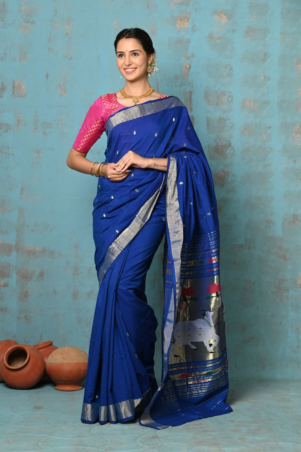 Very Much Indian Tyohaar - Exclusive! Handloom Pure Cotton Paithani in Most Traditional Royal Blue with Pichwai Pallu