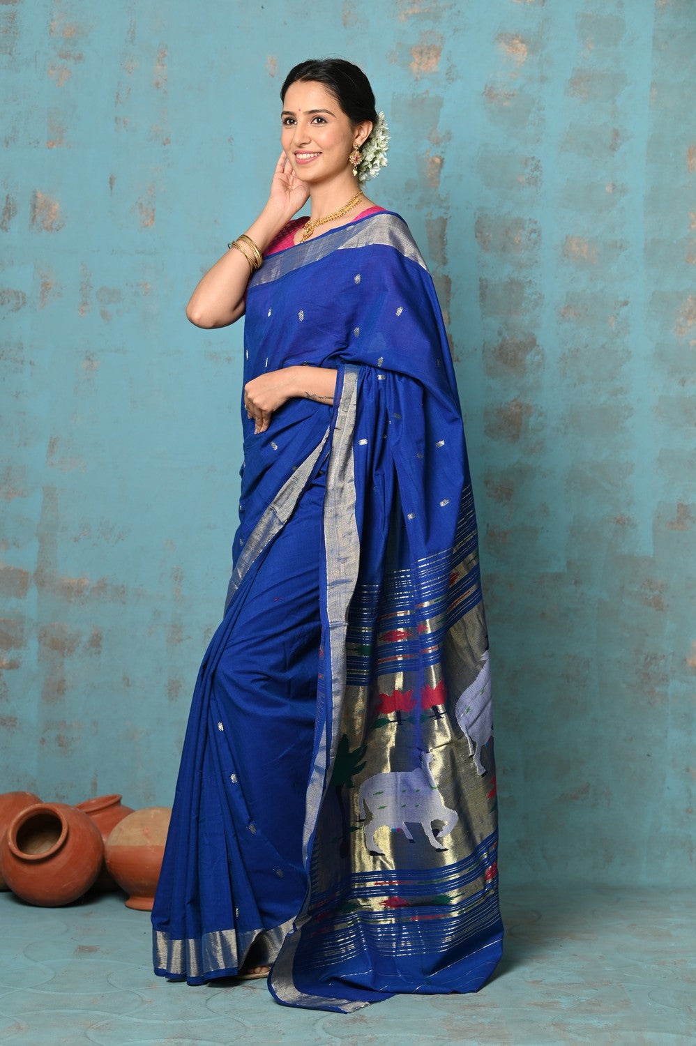 Very Much Indian Tyohaar - Exclusive! Handloom Pure Cotton Paithani in Most Traditional Royal Blue with Pichwai Pallu