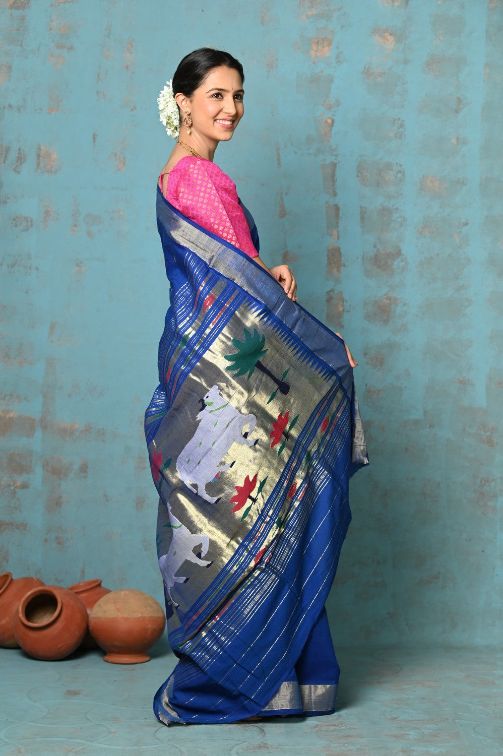 Very Much Indian Tyohaar - Exclusive! Handloom Pure Cotton Paithani in Most Traditional Royal Blue with Pichwai Pallu