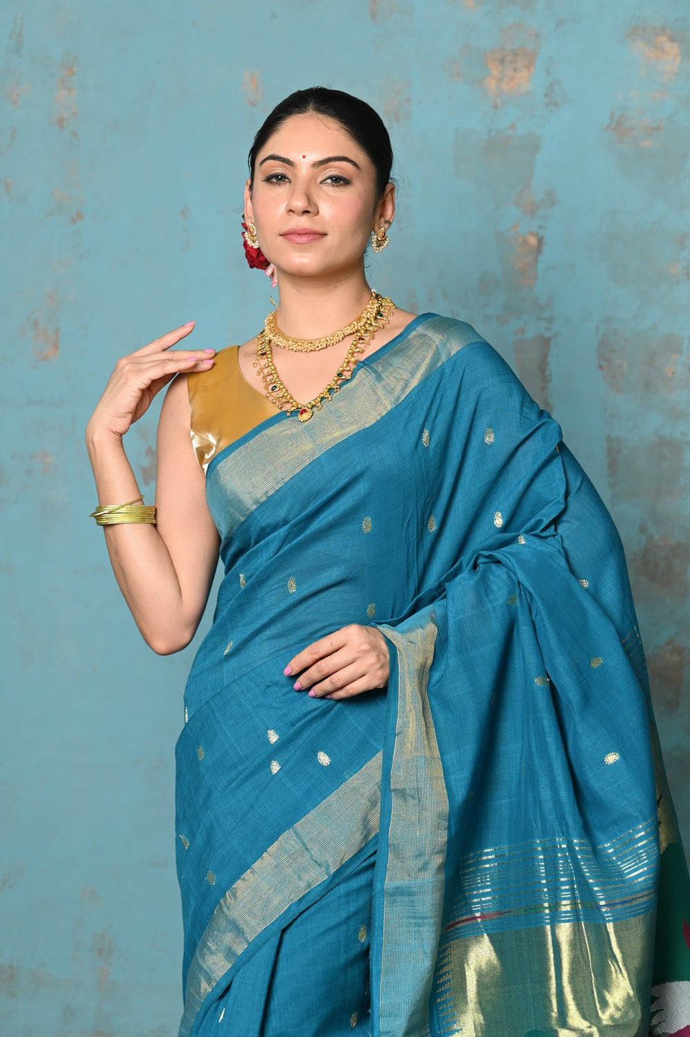Very Much Indian Tyohaar - Handloom Pure Cotton Paithani With Swan Pallu - Carolina Blue