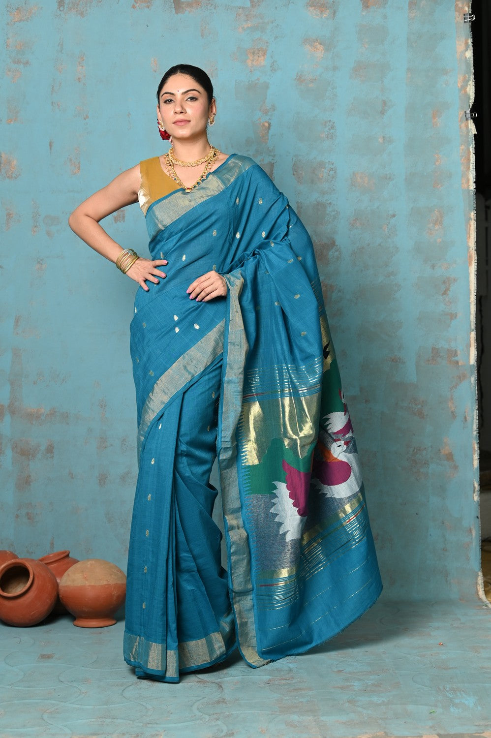 Very Much Indian Tyohaar - Handloom Pure Cotton Paithani With Swan Pallu - Carolina Blue