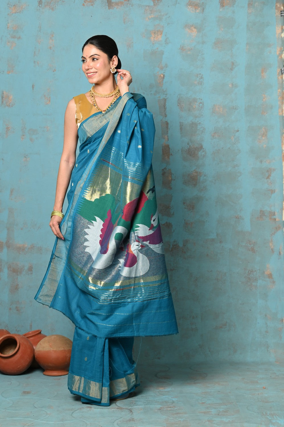 Very Much Indian Tyohaar - Handloom Pure Cotton Paithani With Swan Pallu - Carolina Blue