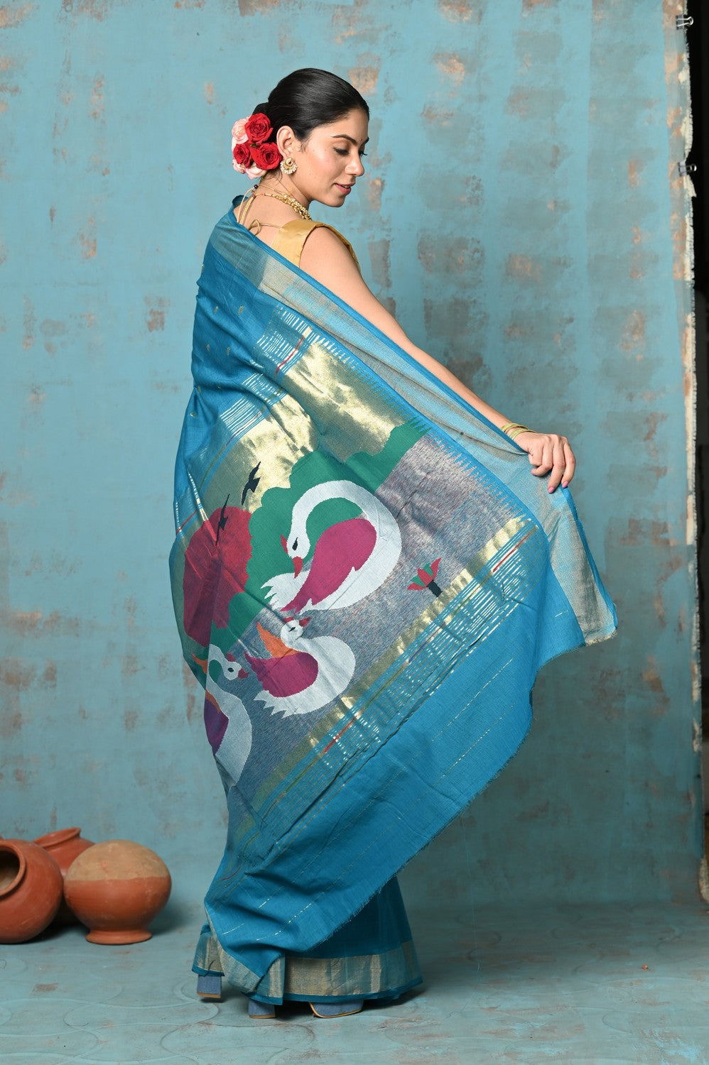 Very Much Indian Tyohaar - Handloom Pure Cotton Paithani With Swan Pallu - Carolina Blue