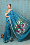 Very Much Indian Tyohaar - Handloom Pure Cotton Paithani With Swan Pallu - Carolina Blue