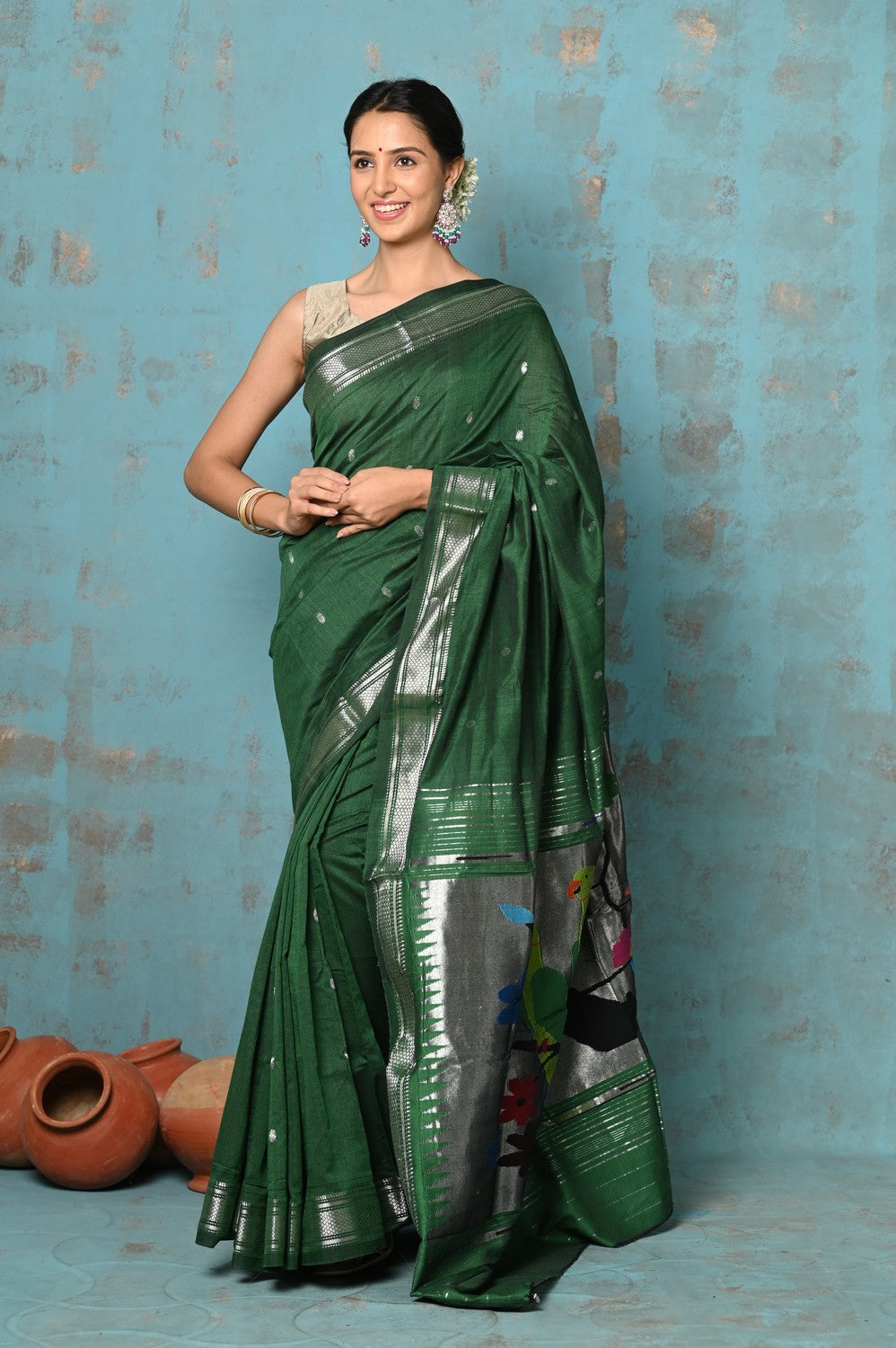 Very Much Indian Tyohaar - Handloom Pure Cotton Paithani With Parrot Pallu- Dark Green