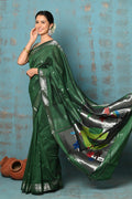 Very Much Indian Tyohaar - Handloom Pure Cotton Paithani With Parrot Pallu- Dark Green