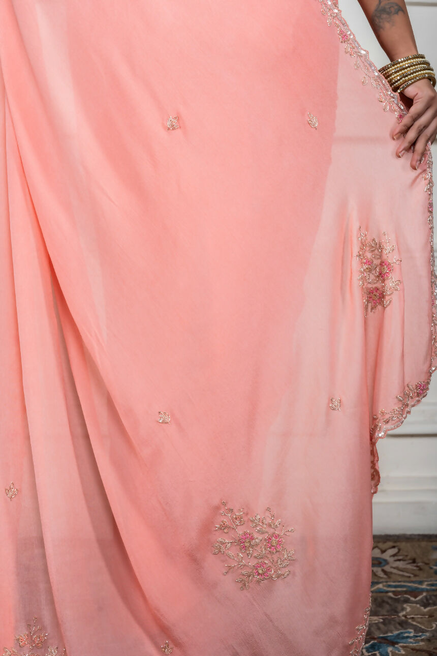 Morchari Peach Chiffon Hand Embroidery Saree And Stitched Blouse