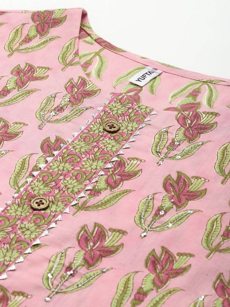 Yufta Women Pink Floral Print Aari Work Pure Cotton Kurta with Palazzo and Dupatta