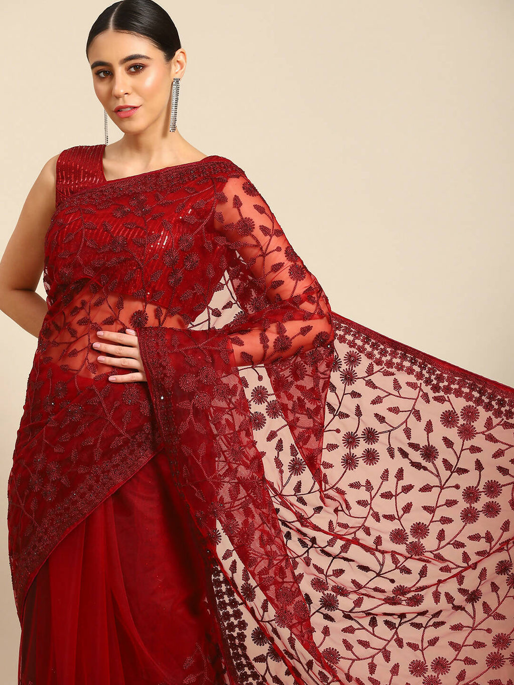 Maroon Woven Design Net Saree with Blouse Piece - Kalamkari