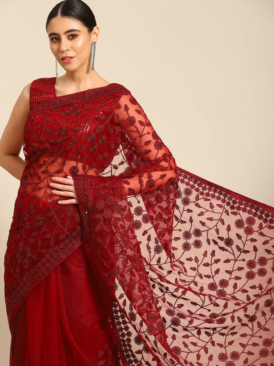 Maroon Woven Design Net Saree with Blouse Piece - Kalamkari